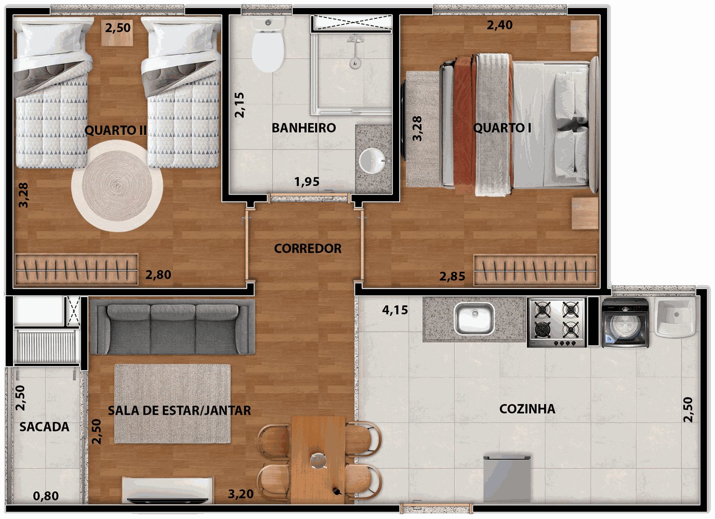 Planta humanizada do apartamento tipo: sala de estar e jantar, cozinha, dois quartos, banheiro, corredor e sacada