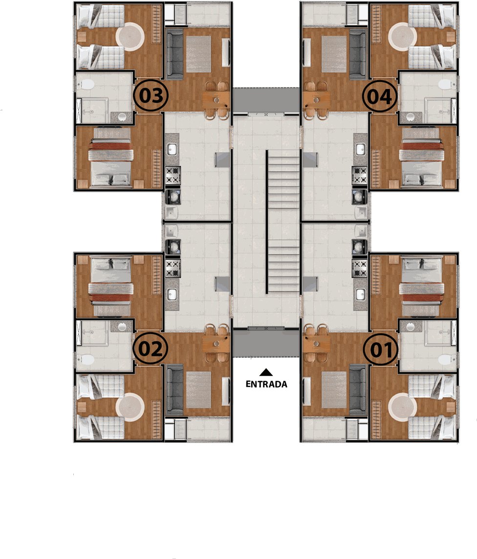Planta do bloco tipo com quatro apartamentos por andar em volta da escada