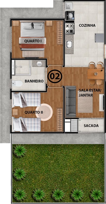 Planta do Garden P, posições 01 e 02, com quintal gramado nos fundos